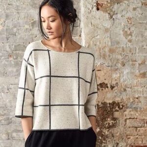Eileen Fisher Windowpane Wool Blend Boat Neck Sweater S Petite